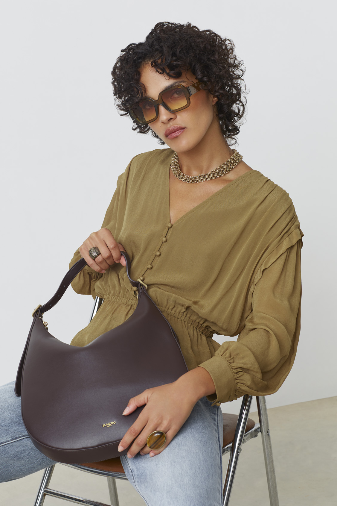 Suzy Sac hobo en cuir caf&eacute; Caf&eacute; Suncoo