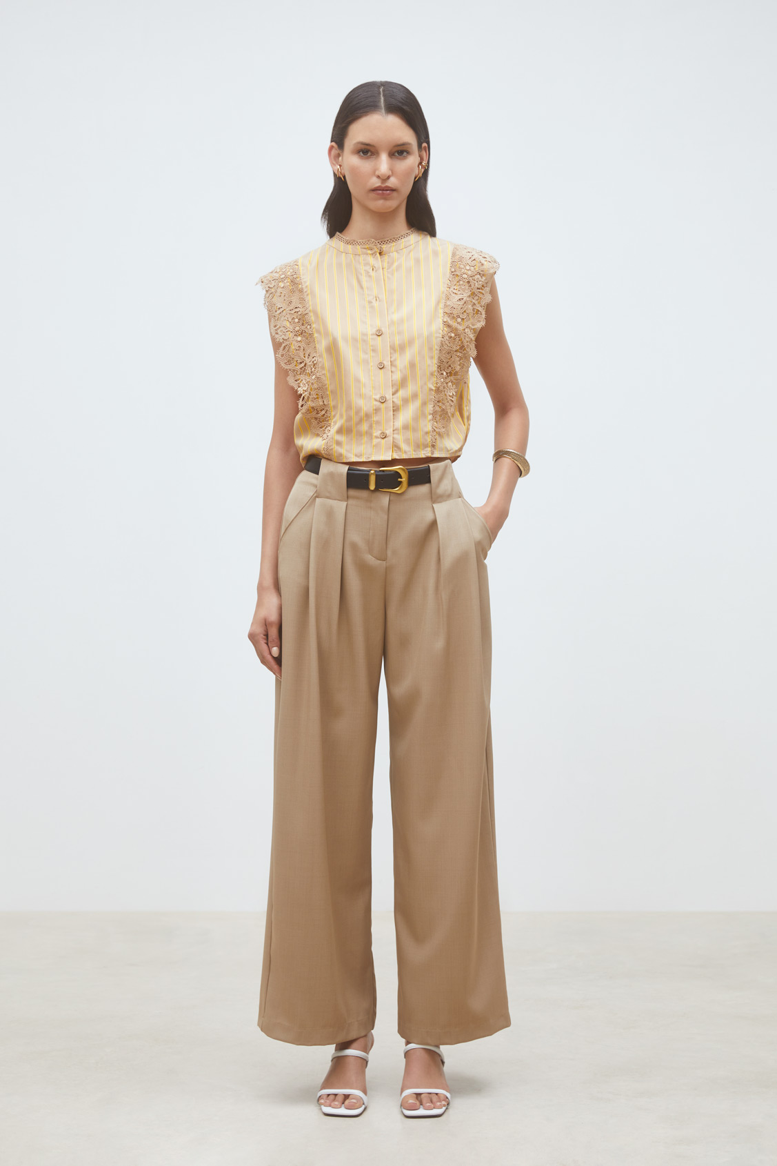 Jude Pantalon large à pinces camel Camel Suncoo