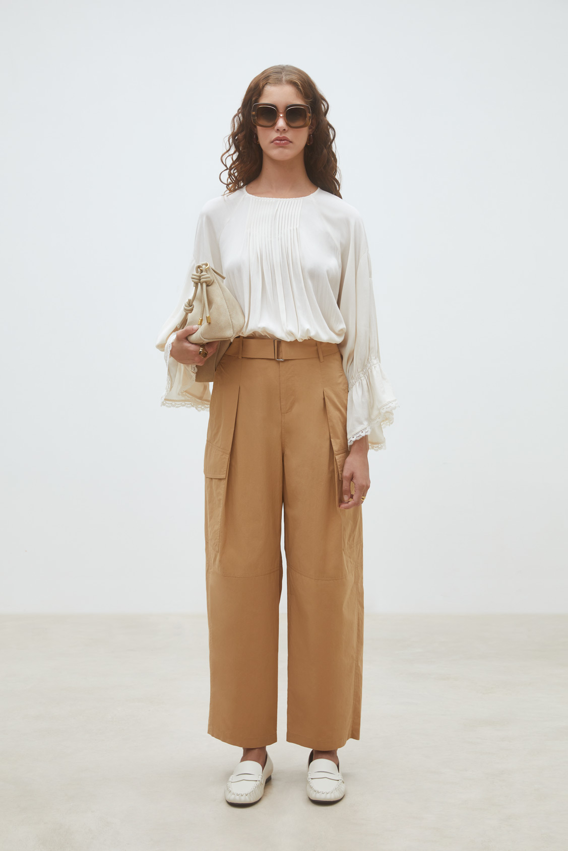 Jim Pantalon large en popeline de coton Camel Suncoo