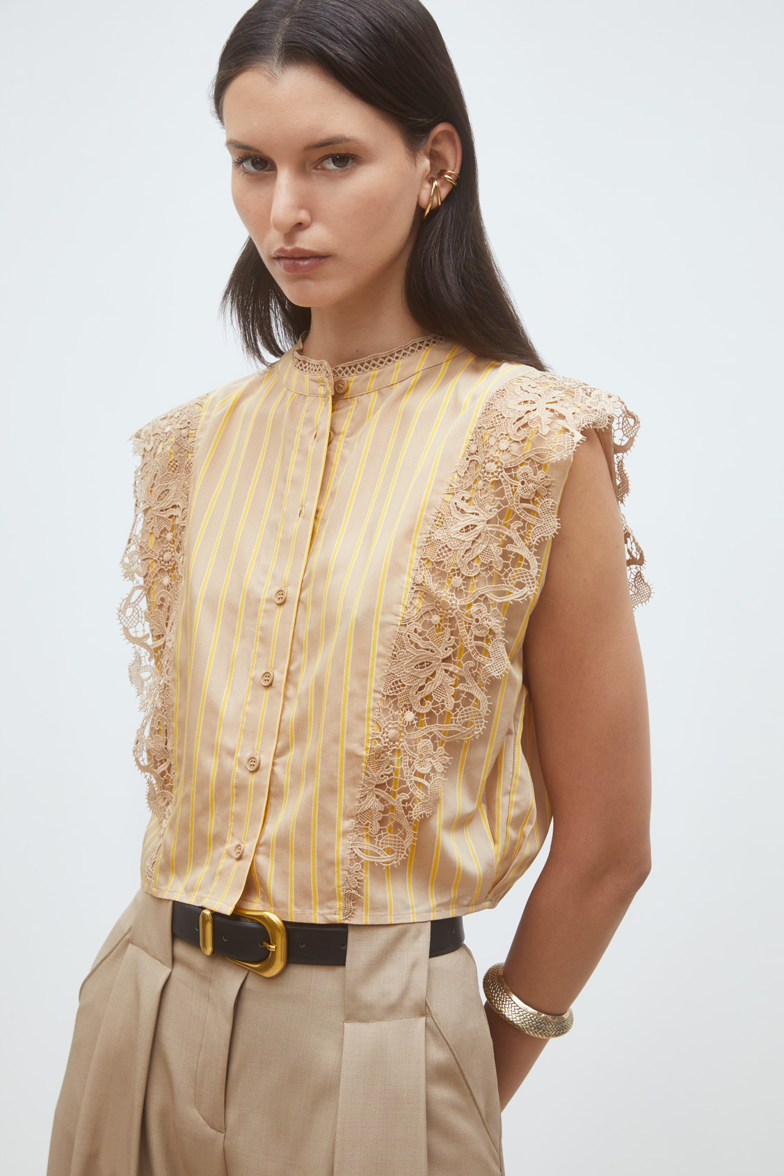 Lazur Top rayé avec guipures Camel Suncoo