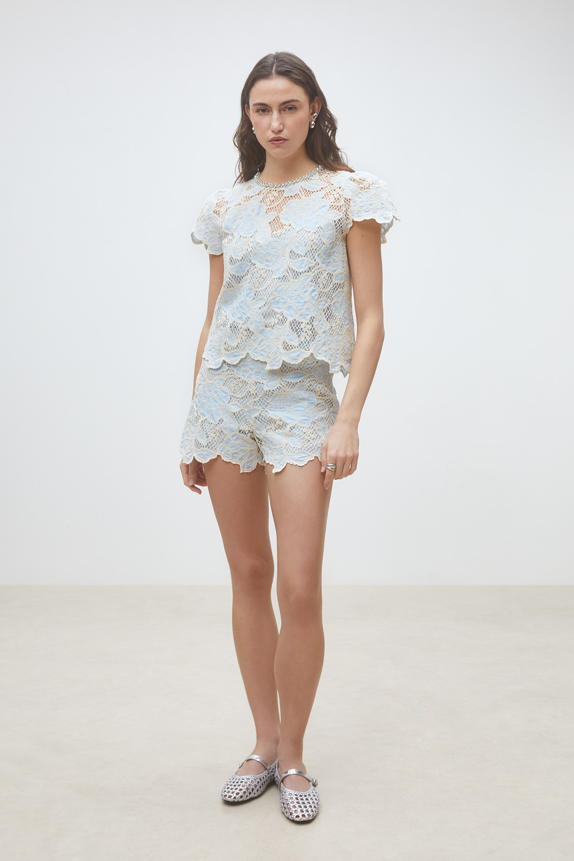 Lexy Blouse courte bicolore en guipure Bleu ciel Suncoo
