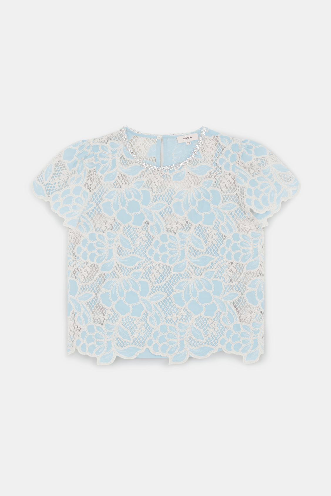Lexy Blouse courte bicolore en guipure Bleu ciel Suncoo