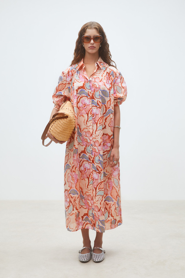 Cadix Robe chemise longue &agrave; imprim&eacute; fleuri Blush Suncoo