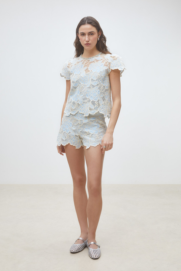 Lexy Blouse courte bicolore en guipure Bleu ciel Suncoo