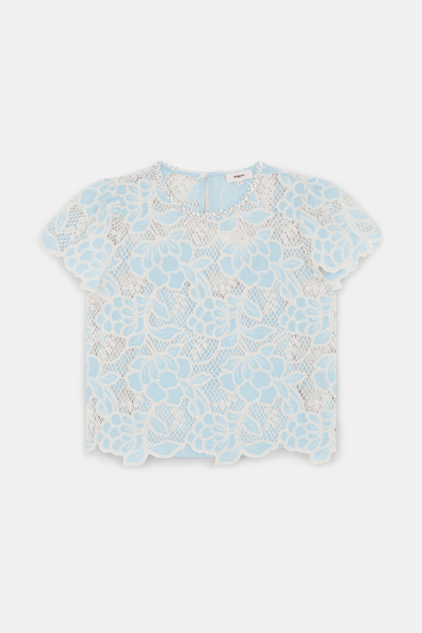 Lexy Blouse courte bicolore en guipure Bleu ciel Suncoo