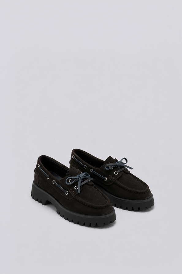 HARVEA Chaussures bateau en cuir caf&eacute; Caf&eacute; Suncoo