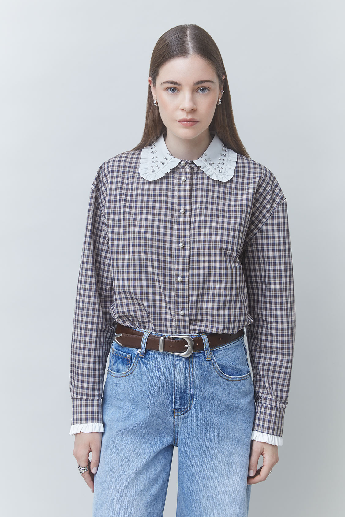 LARS Chemise courte à carreaux détails perlés Chocolat Suncoo