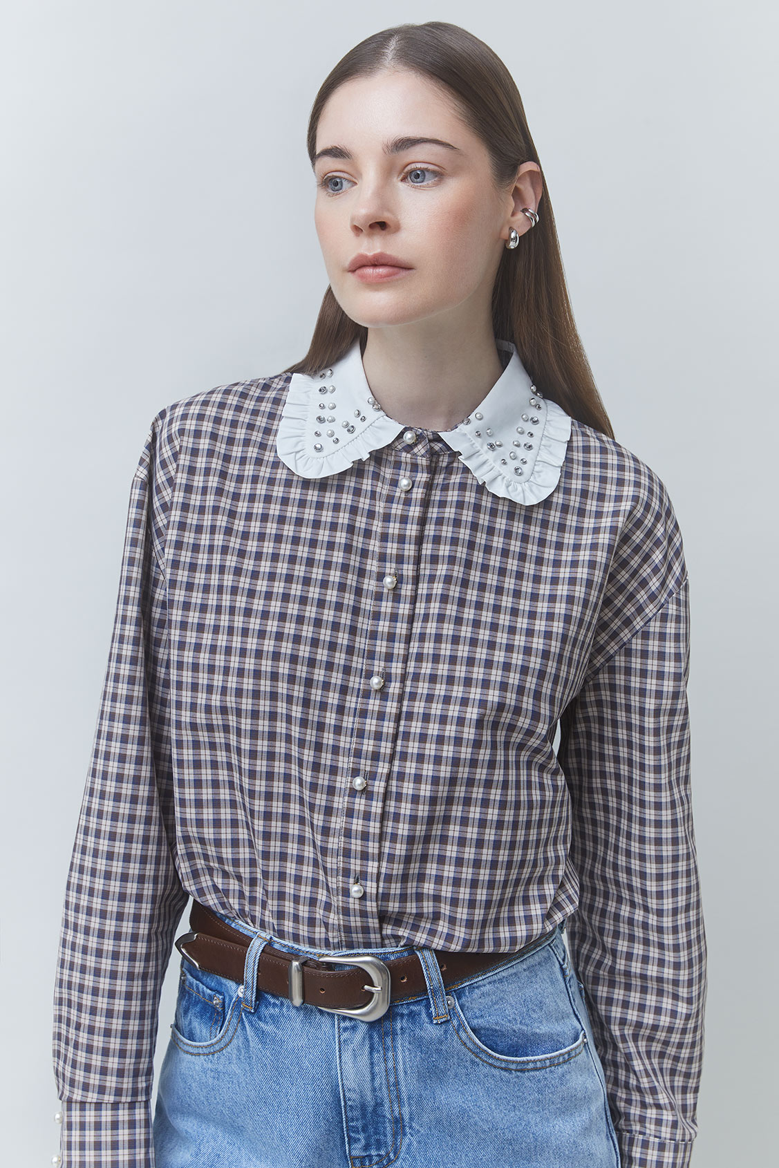 LARS Chemise courte à carreaux détails perlés Chocolat Suncoo
