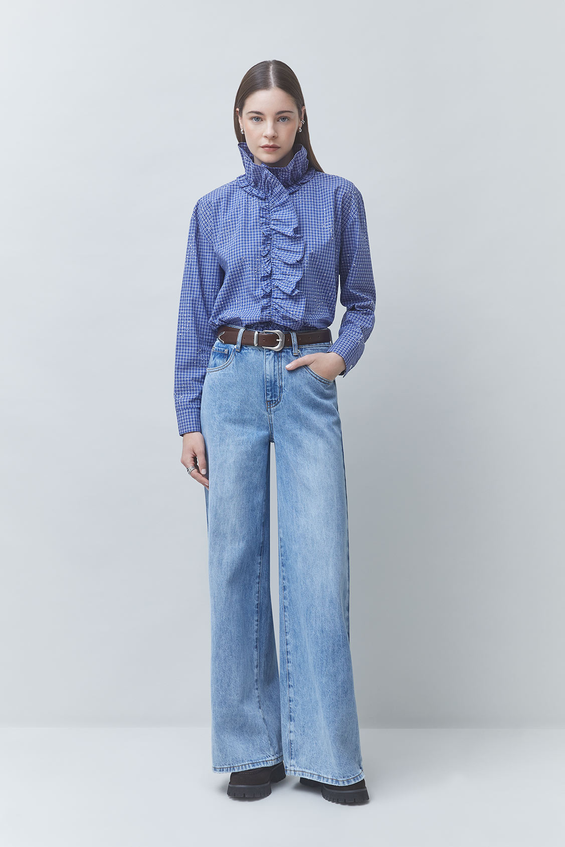 LYES Chemise col victorien à carreaux strassé Bleu Suncoo