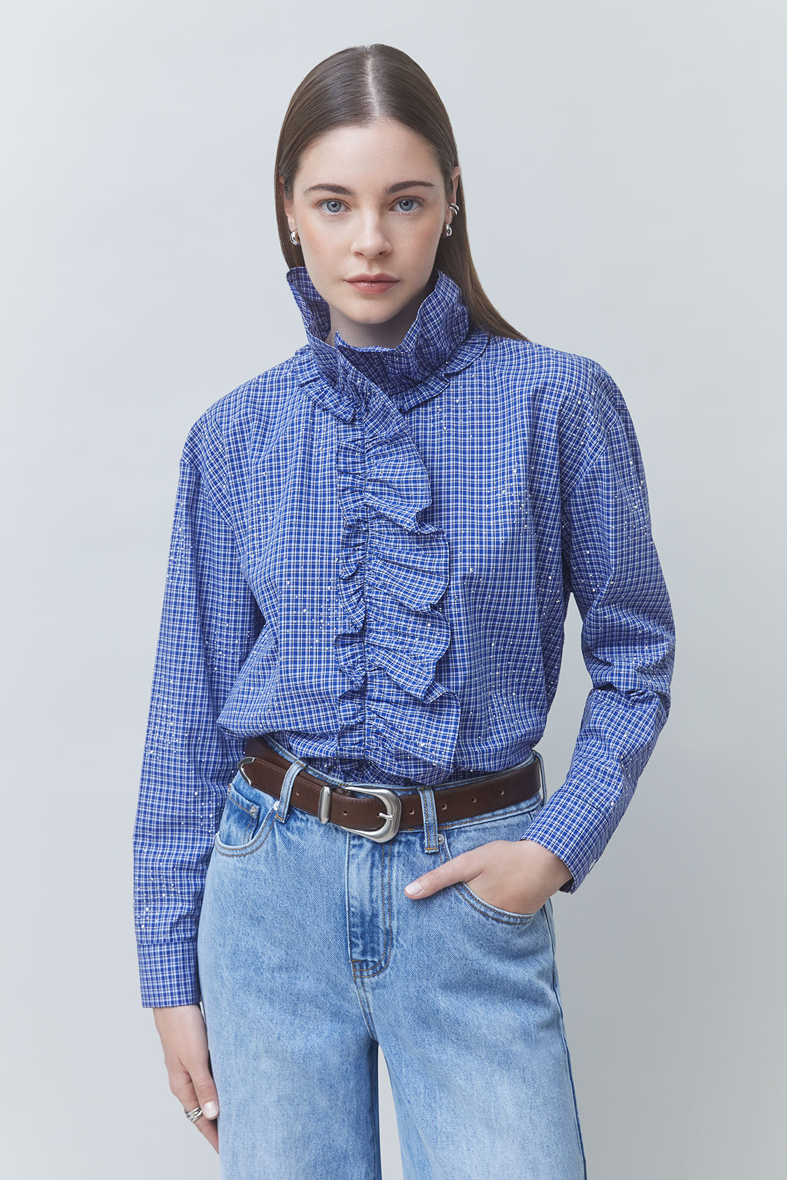 LYES Chemise col victorien à carreaux strassé Bleu Suncoo