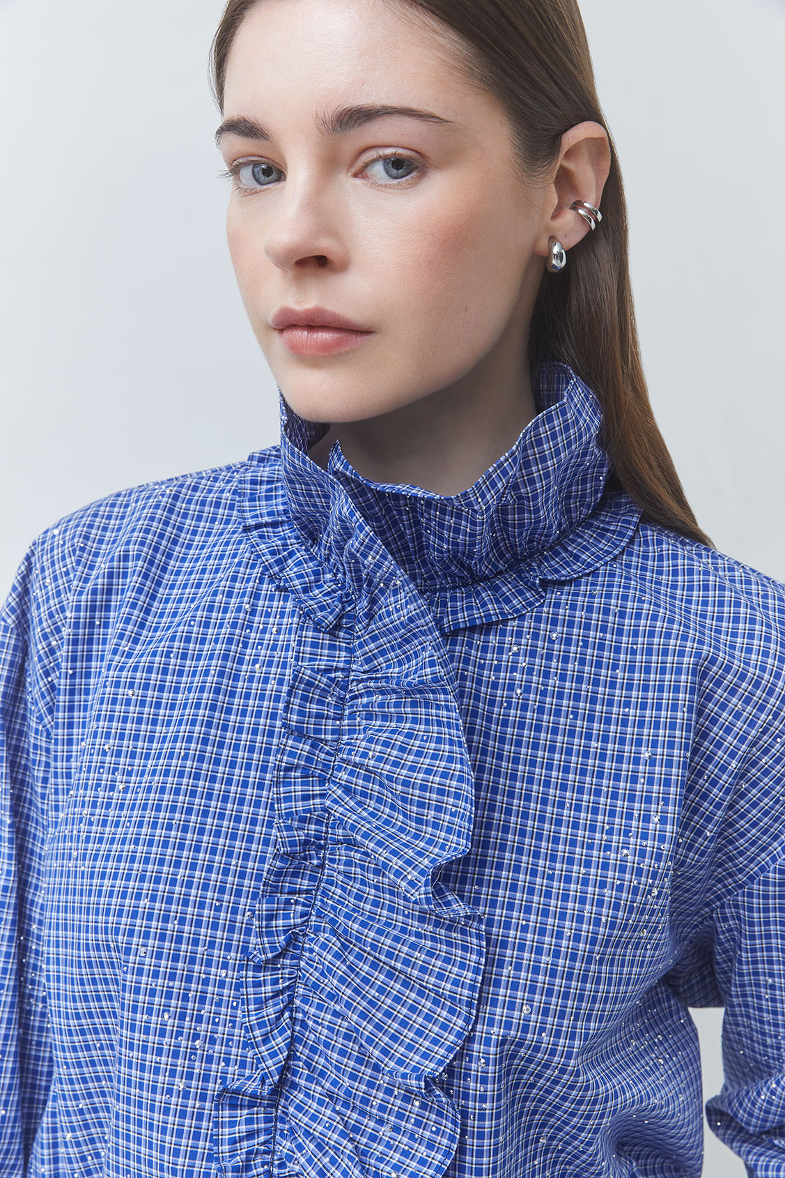 LYES Chemise col victorien à carreaux strassé Bleu Suncoo