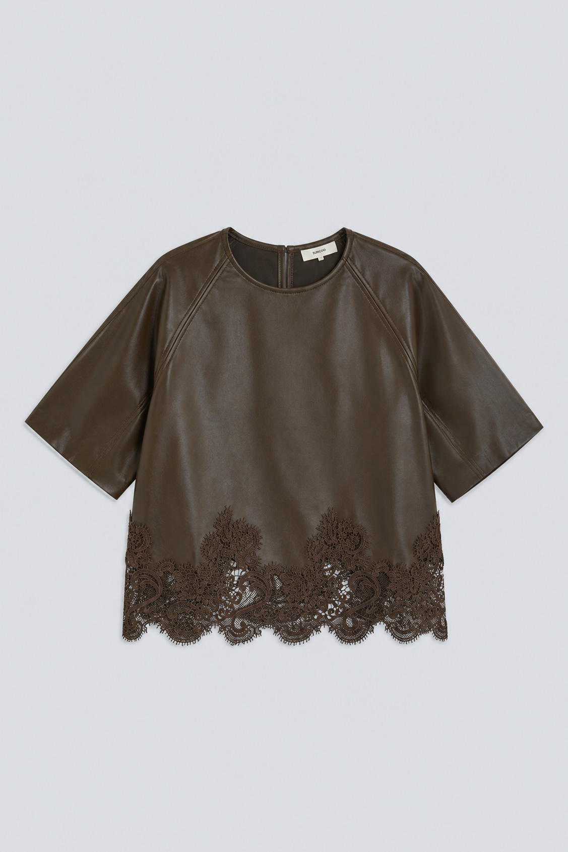 LONDON Blouse en simili cuir kaki détails dentelle Kaki Suncoo