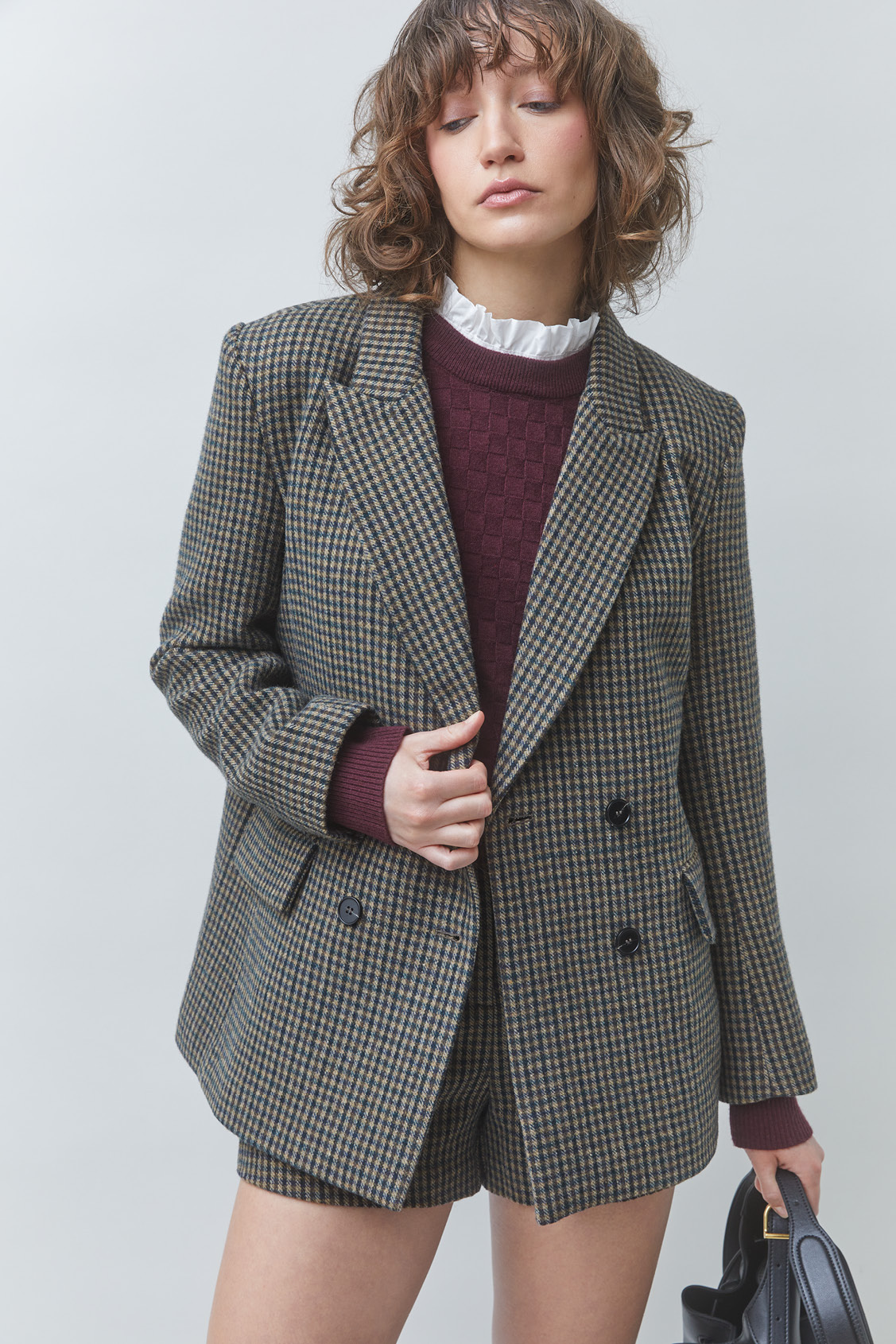 DUCKY Veste blazer &agrave; carreaux en laine Kaki Suncoo