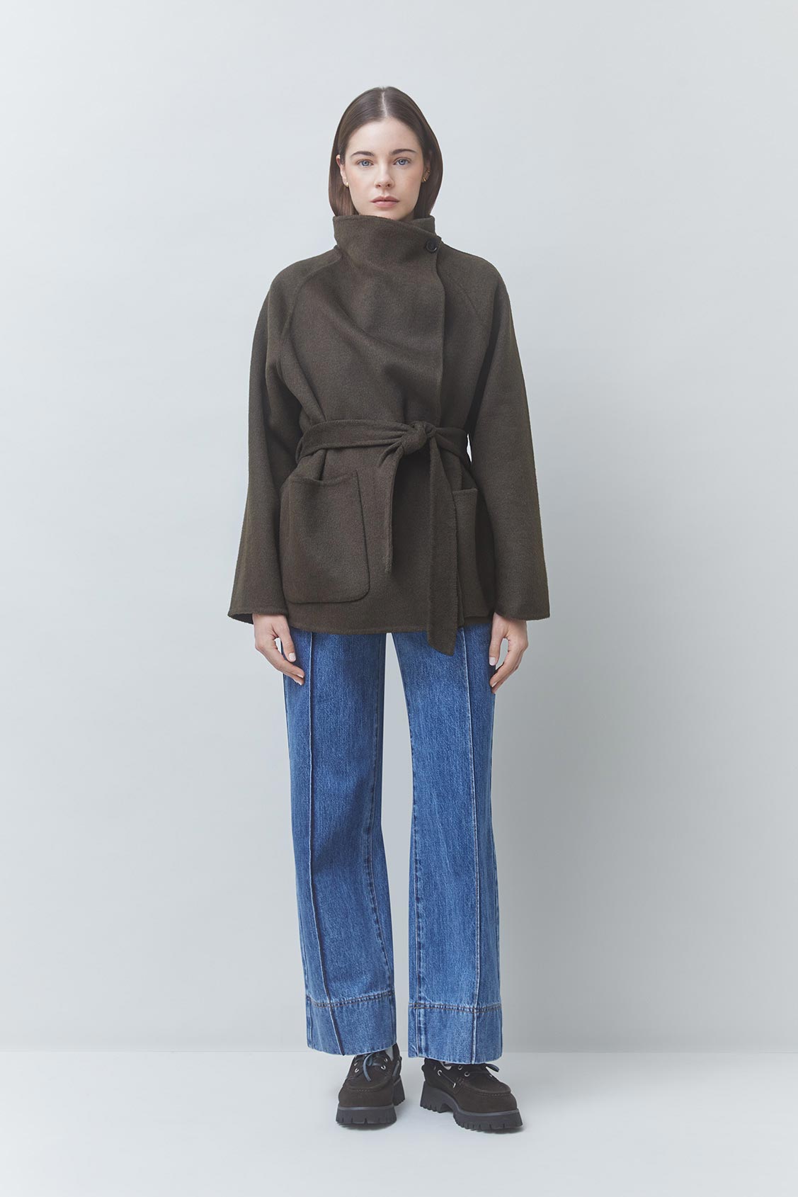 ELVIS Manteau ceintur&eacute; en laine Kaki Suncoo
