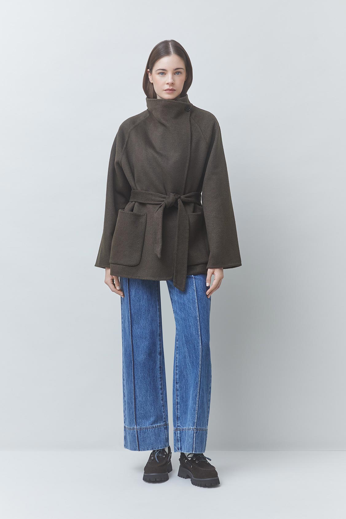 ELVIS Manteau ceintur&eacute; en laine Kaki Suncoo