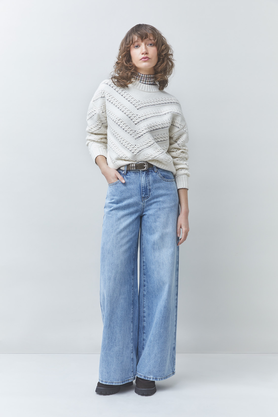 PERNEL Pull en laine maille ajour&eacute;e Blanc casse Suncoo
