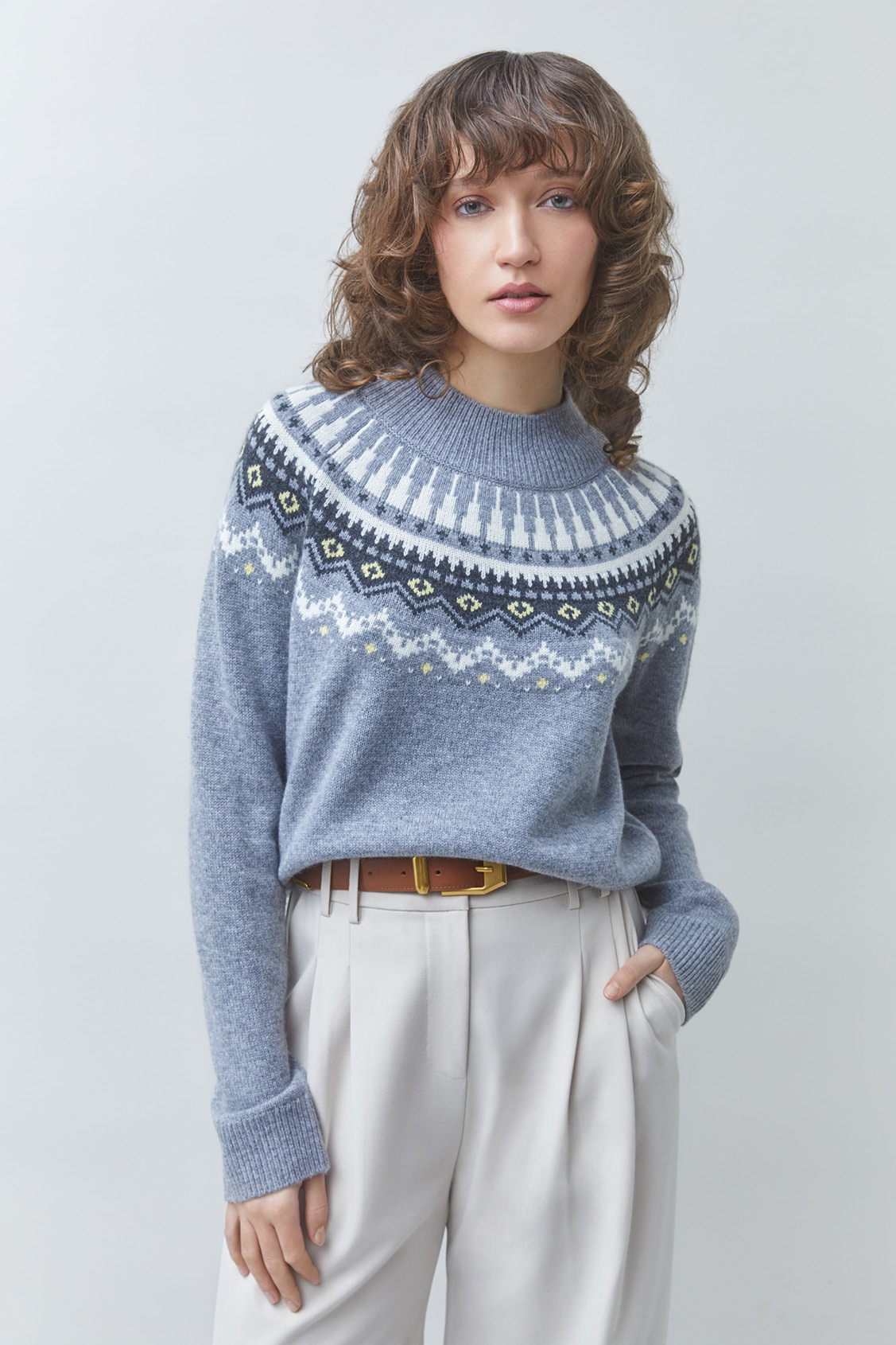 PISTI Pull jacquard en laine Gris chin&eacute; Suncoo