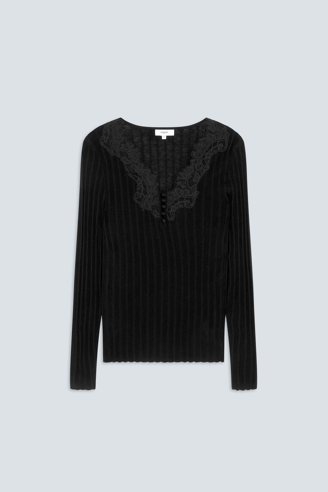 PHILDRI Pull fin détail encolure en dentelle Noir Suncoo