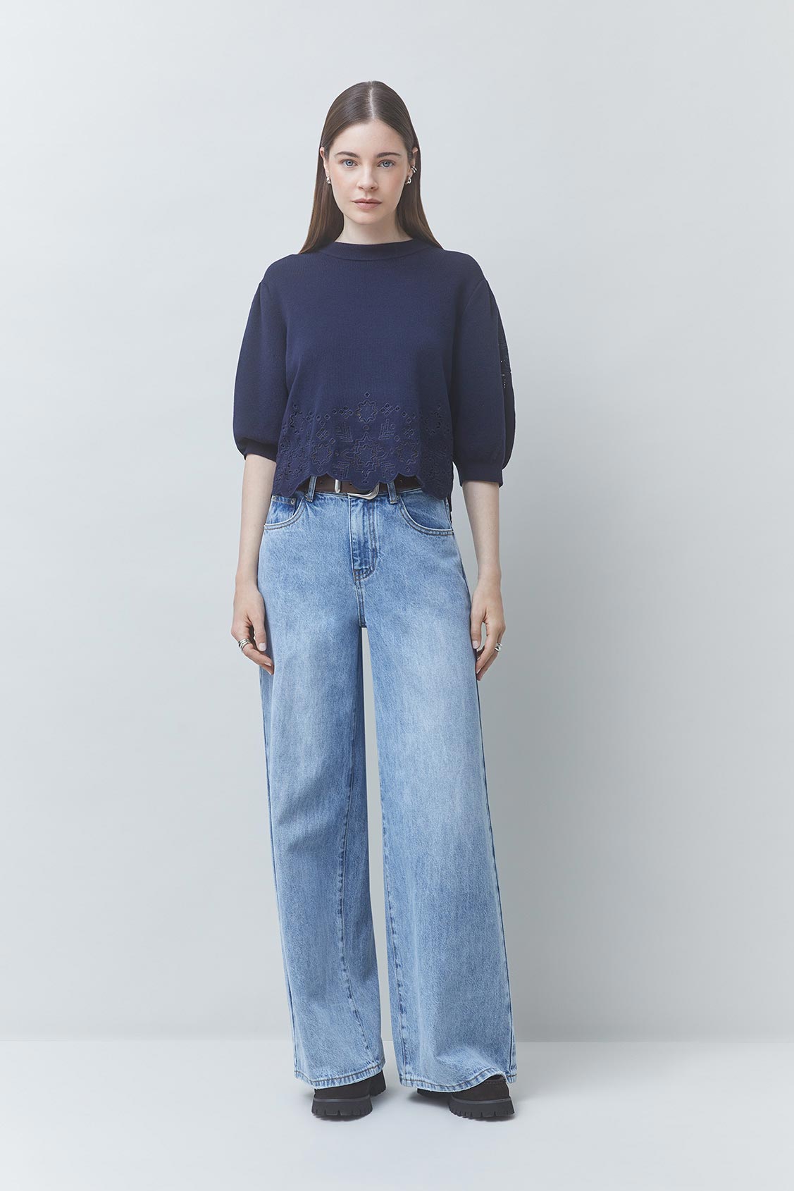PARVI Pull court détail maille ajourée Bleu nuit Suncoo