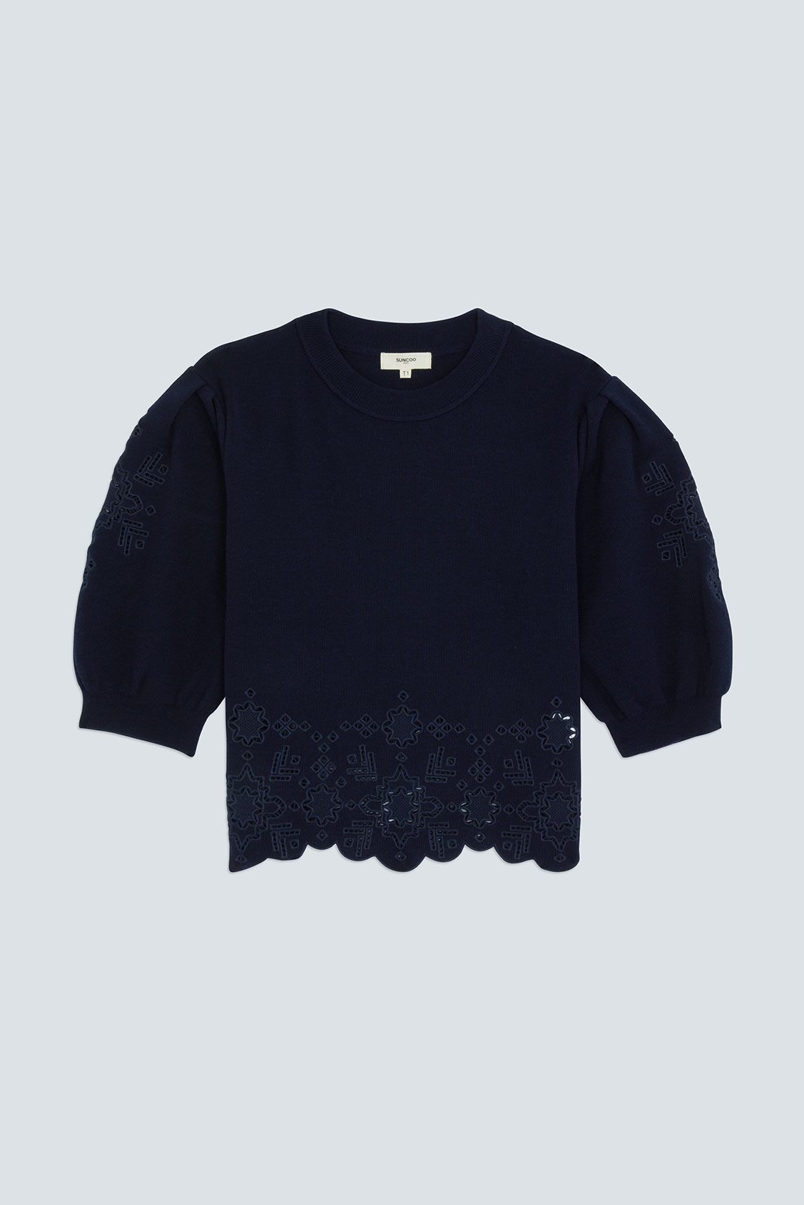 PARVI Pull court détail maille ajourée Bleu nuit Suncoo
