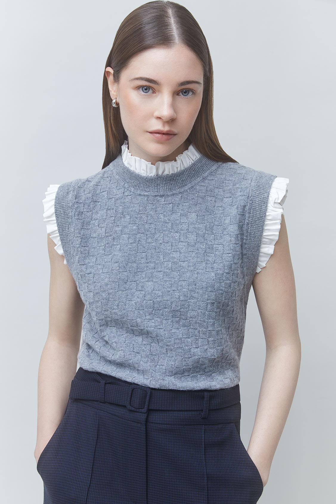 PIREO Pull court sans manche détails volants Gris chiné Suncoo