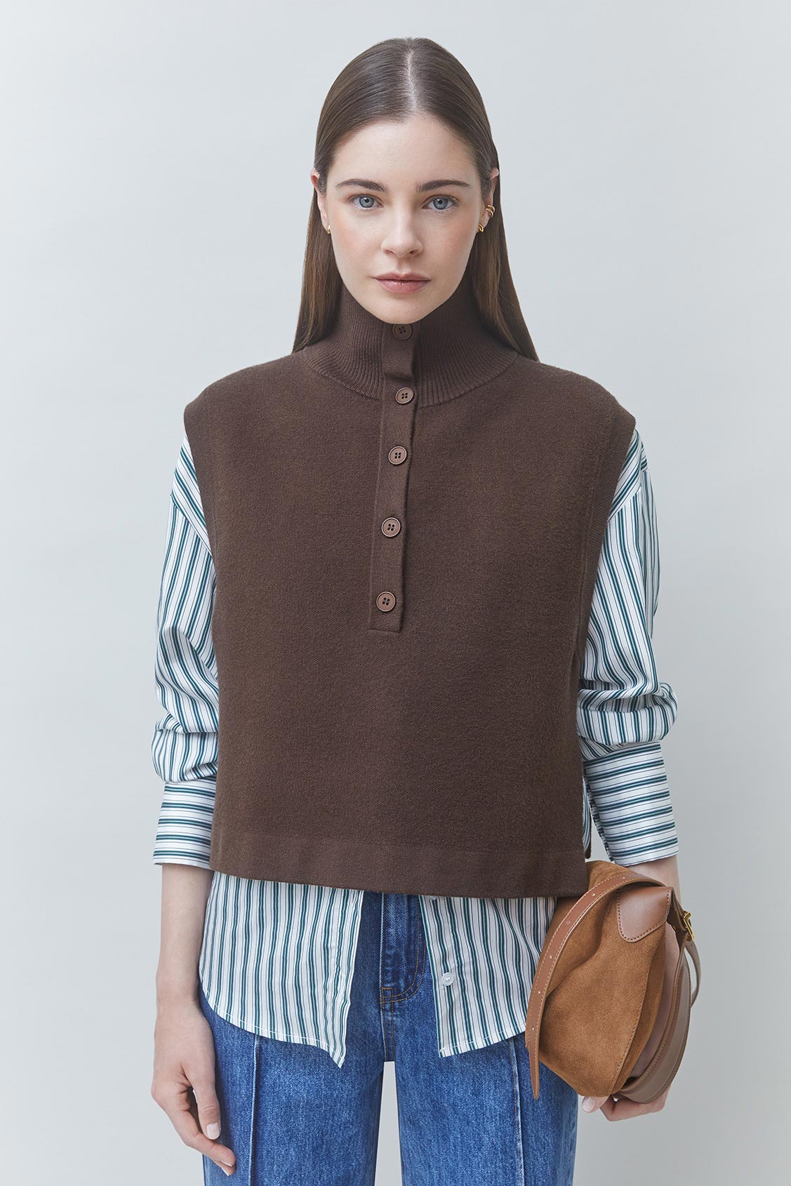PACOMI Pull court boutonn&eacute; sans manche Caf&eacute; Suncoo