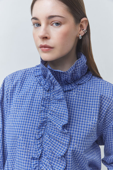 LYES Chemise col victorien à carreaux strassé Bleu Suncoo