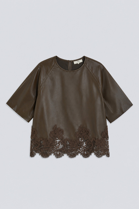 LONDON Blouse en simili cuir kaki détails dentelle Kaki Suncoo