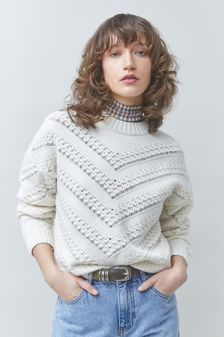 PERNEL Pull en laine maille ajourée Blanc casse Suncoo