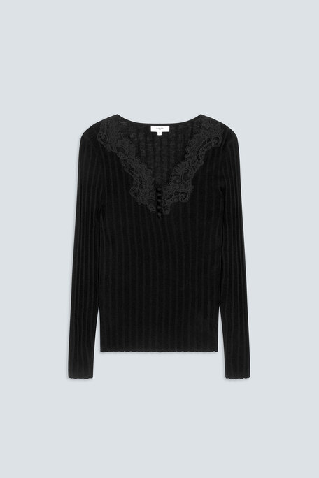 PHILDRI Pull fin détail encolure en dentelle Noir Suncoo