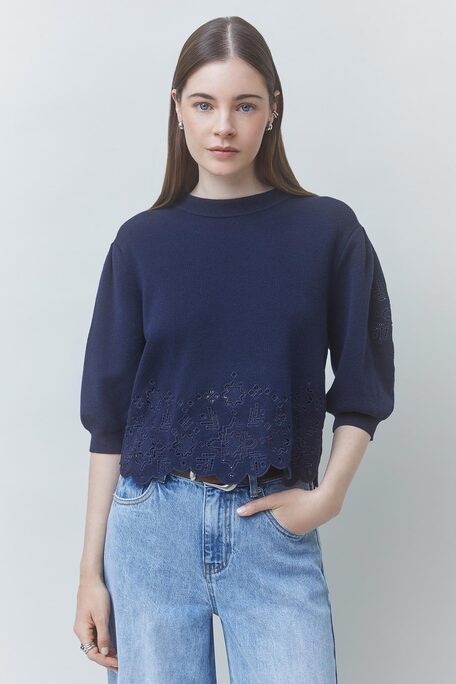PARVI Pull court détail maille ajourée Bleu nuit Suncoo