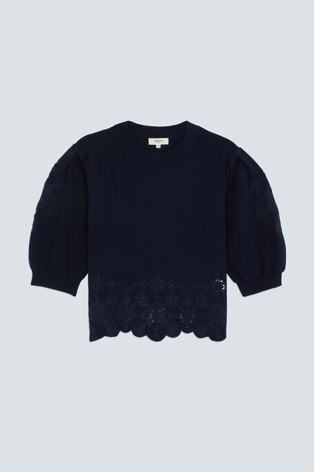 PARVI Pull court détail maille ajourée Bleu nuit Suncoo