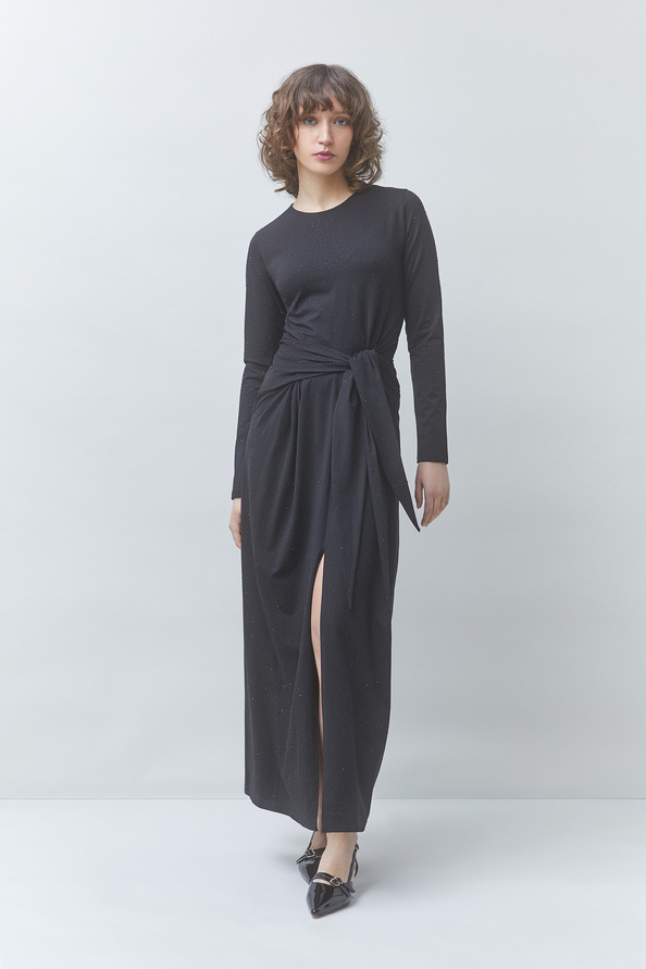 COMETE Robe longue drapp&eacute;e d&eacute;tails strass Noir Suncoo