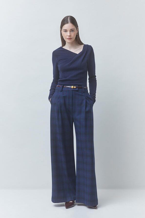 JULY Pantalon &agrave; carreaux en lainage Bleu nuit Suncoo