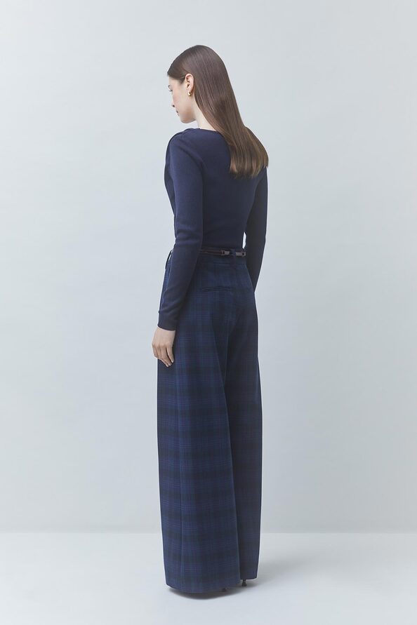 JULY Pantalon &agrave; carreaux en lainage Bleu nuit Suncoo