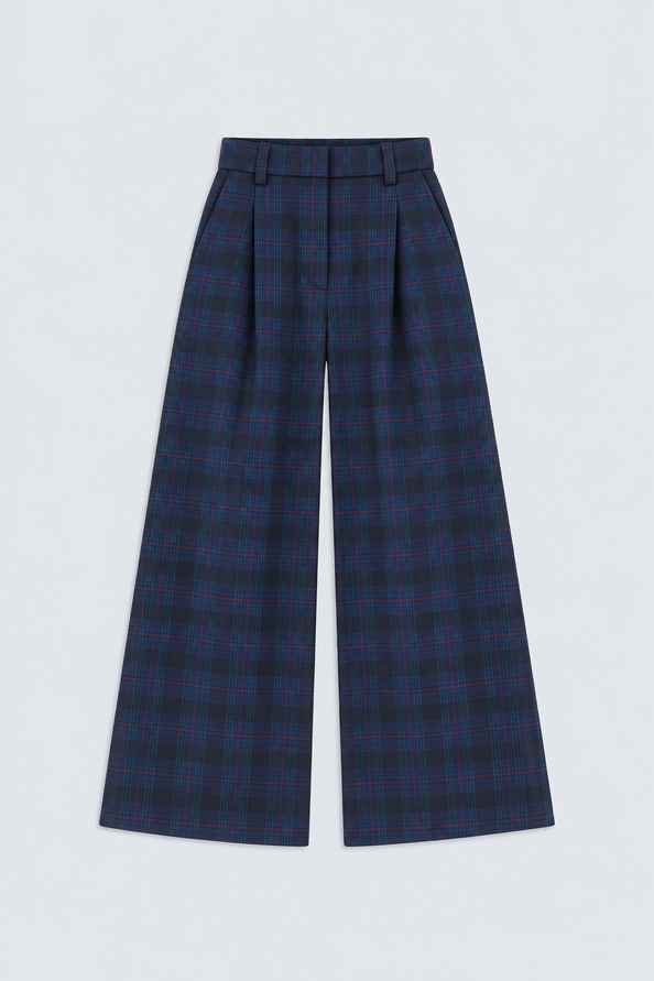 JULY Pantalon &agrave; carreaux en lainage Bleu nuit Suncoo