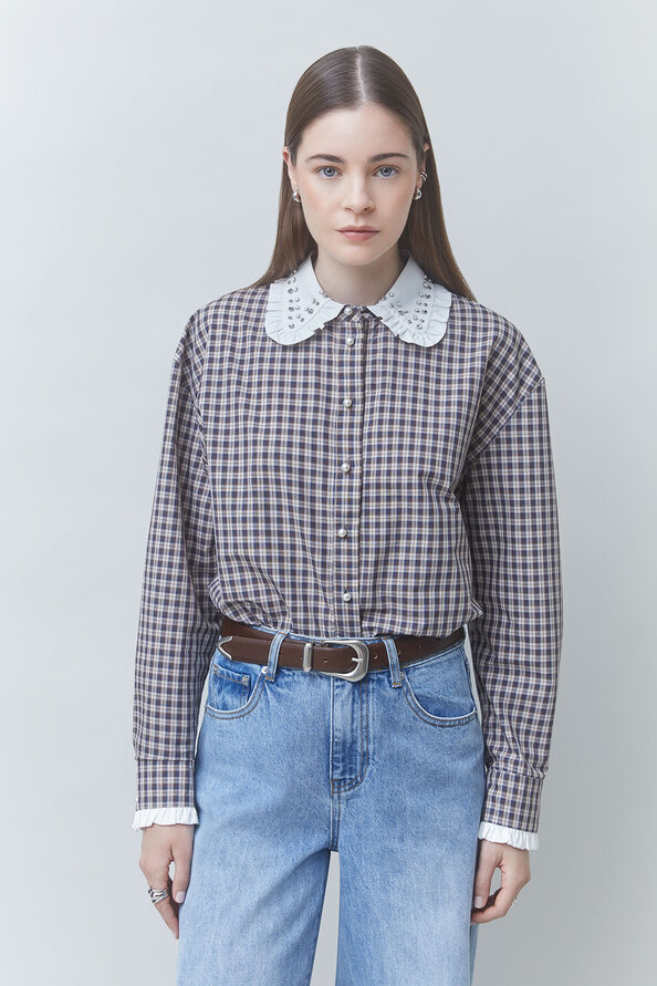 LARS Chemise courte &agrave; carreaux d&eacute;tails perl&eacute;s Chocolat Suncoo