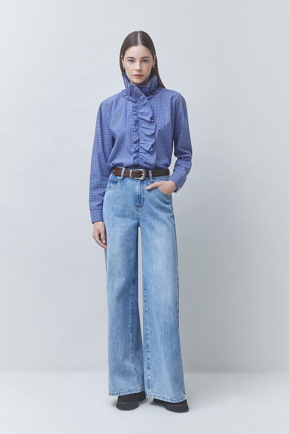 LYES Chemise col victorien &agrave; carreaux strass&eacute; Bleu Suncoo