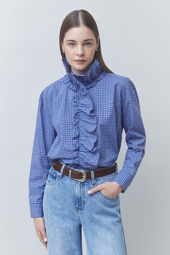LYES Chemise col victorien &agrave; carreaux strass&eacute; Bleu Suncoo