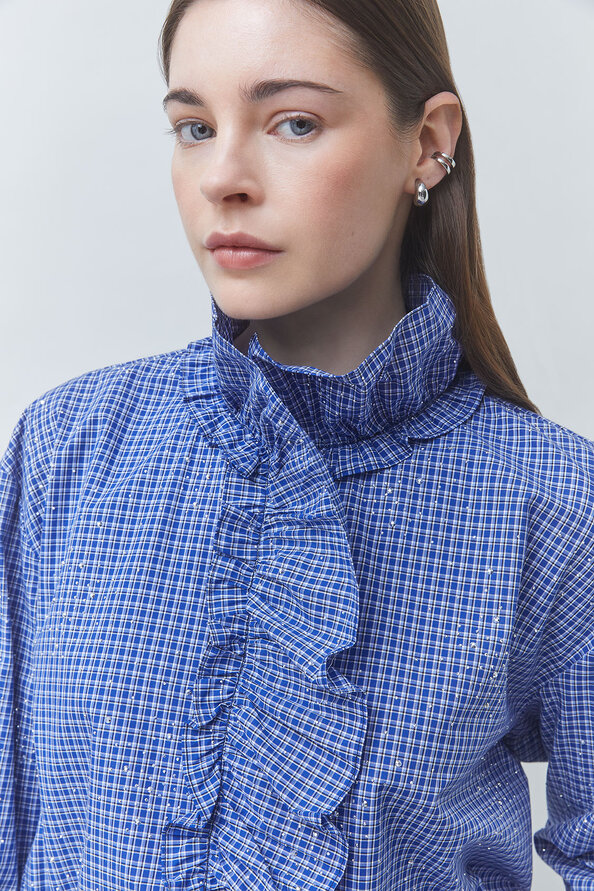 LYES Chemise col victorien &agrave; carreaux strass&eacute; Bleu Suncoo