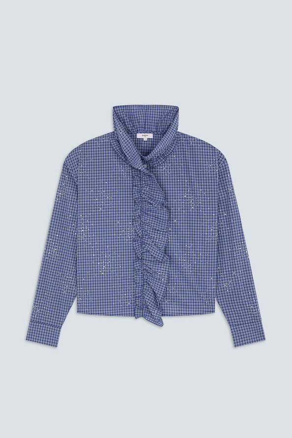 LYES Chemise col victorien &agrave; carreaux strass&eacute; Bleu Suncoo