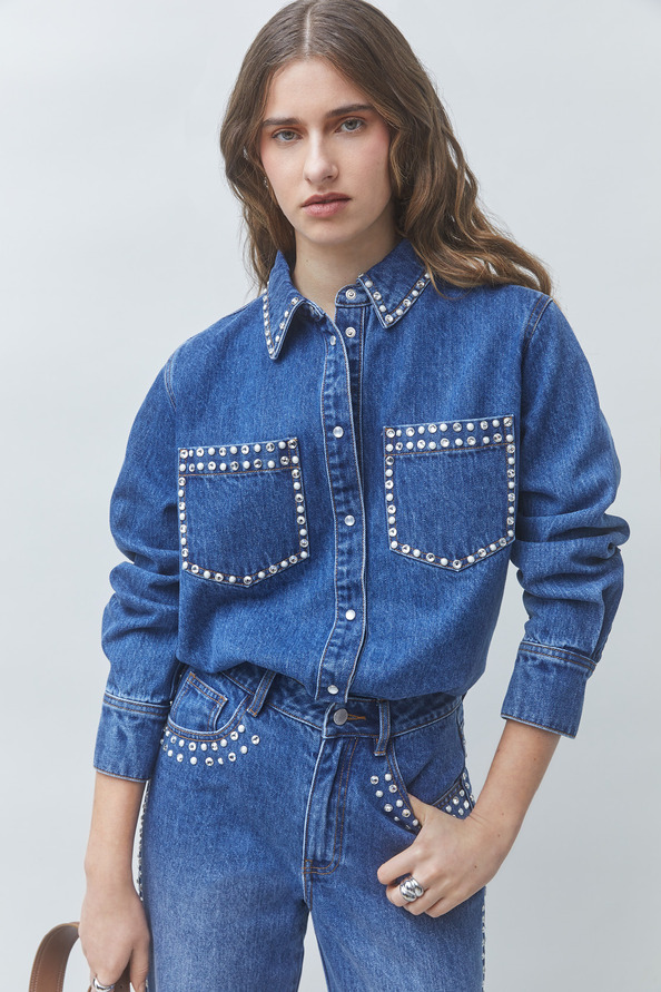 LINK Chemise en jean d&eacute;tails strass Bleu jeans Suncoo