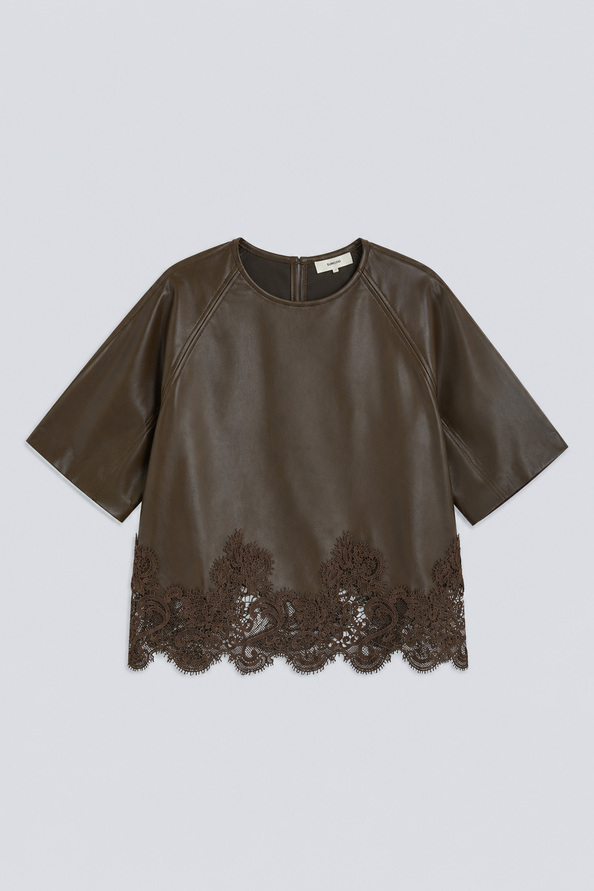 LONDON Blouse en simili cuir kaki d&eacute;tails dentelle Kaki Suncoo