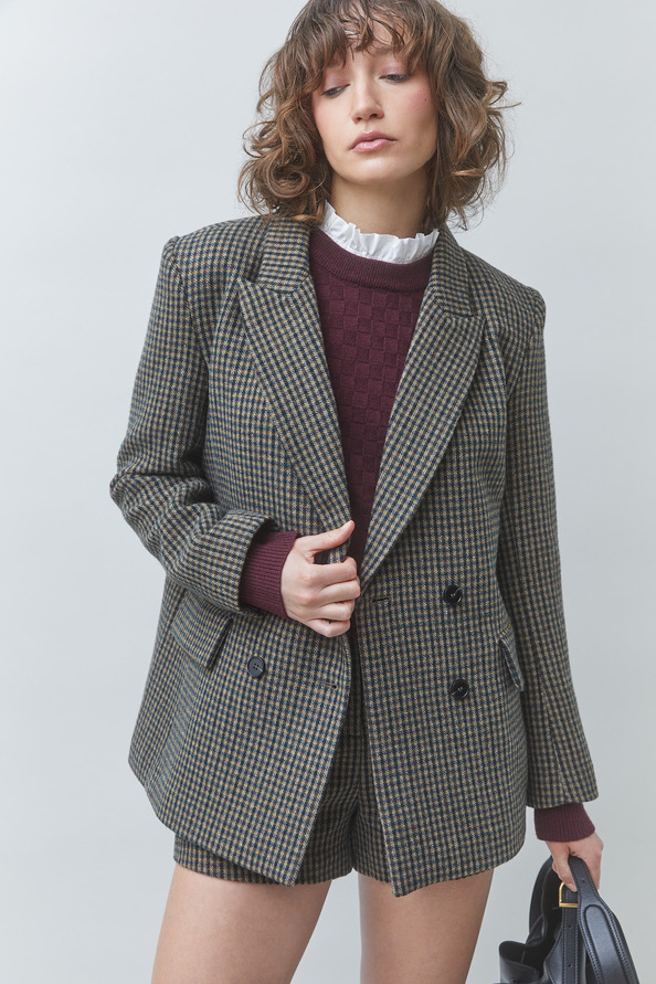 DUCKY Veste blazer &agrave; carreaux en laine Kaki Suncoo