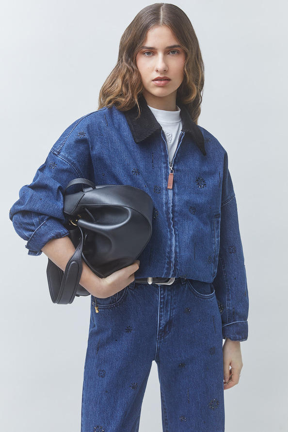 DEVON Veste en jean d&eacute;tails strass noirs Bleu jeans Suncoo