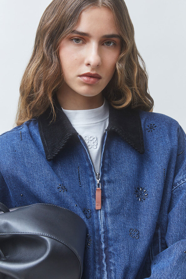 DEVON Veste en jean d&eacute;tails strass noirs Bleu jeans Suncoo