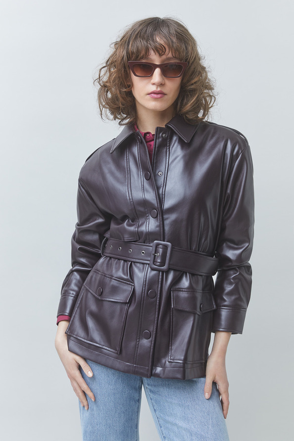 DANCE Veste courte ceintur&eacute;e en simili cuir Prune Suncoo