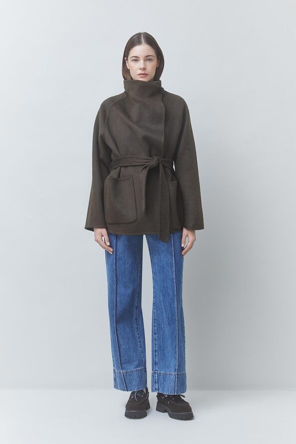 ELVIS Manteau ceintur&eacute; en laine Kaki Suncoo