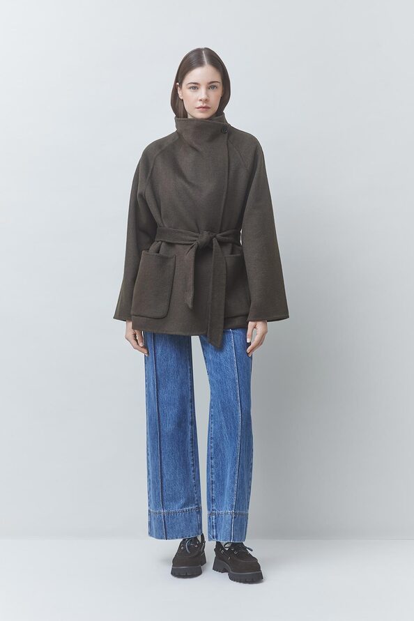 ELVIS Manteau ceintur&eacute; en laine Kaki Suncoo