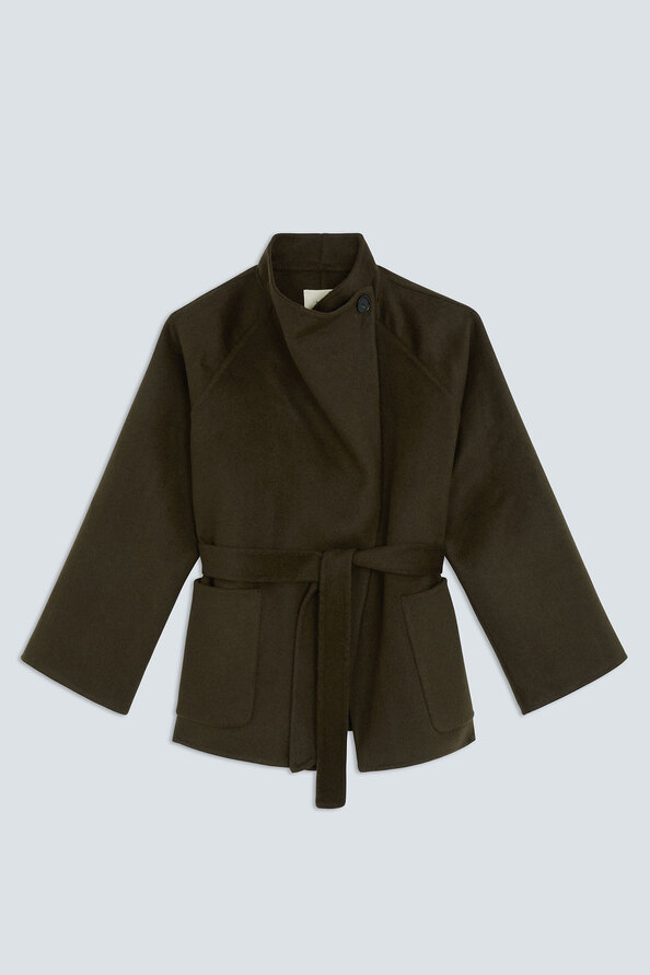 ELVIS Manteau ceintur&eacute; en laine Kaki Suncoo
